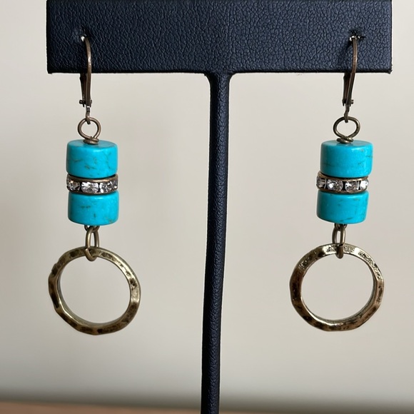 HANDCRAFTED HOOP EARRINGS Antiqued Brass  Crystal Rondelles  Turquoise - Picture 5 of 12